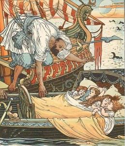 Les enfants de la princesse Belle-Étoile et sa sœur récupérés par un corsaire, par Walter Crane