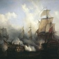 Le vaisseau amiral français Bucentaure vaincu par les navires britanniques HMS Temeraire et HMS Victory, tableau d'Auguste Mayer.