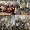 En haut à gauche la bataille de Crécy, la bataille de la Rochelle, la Bataille d'Azincourt et Jeanne d'Arc.